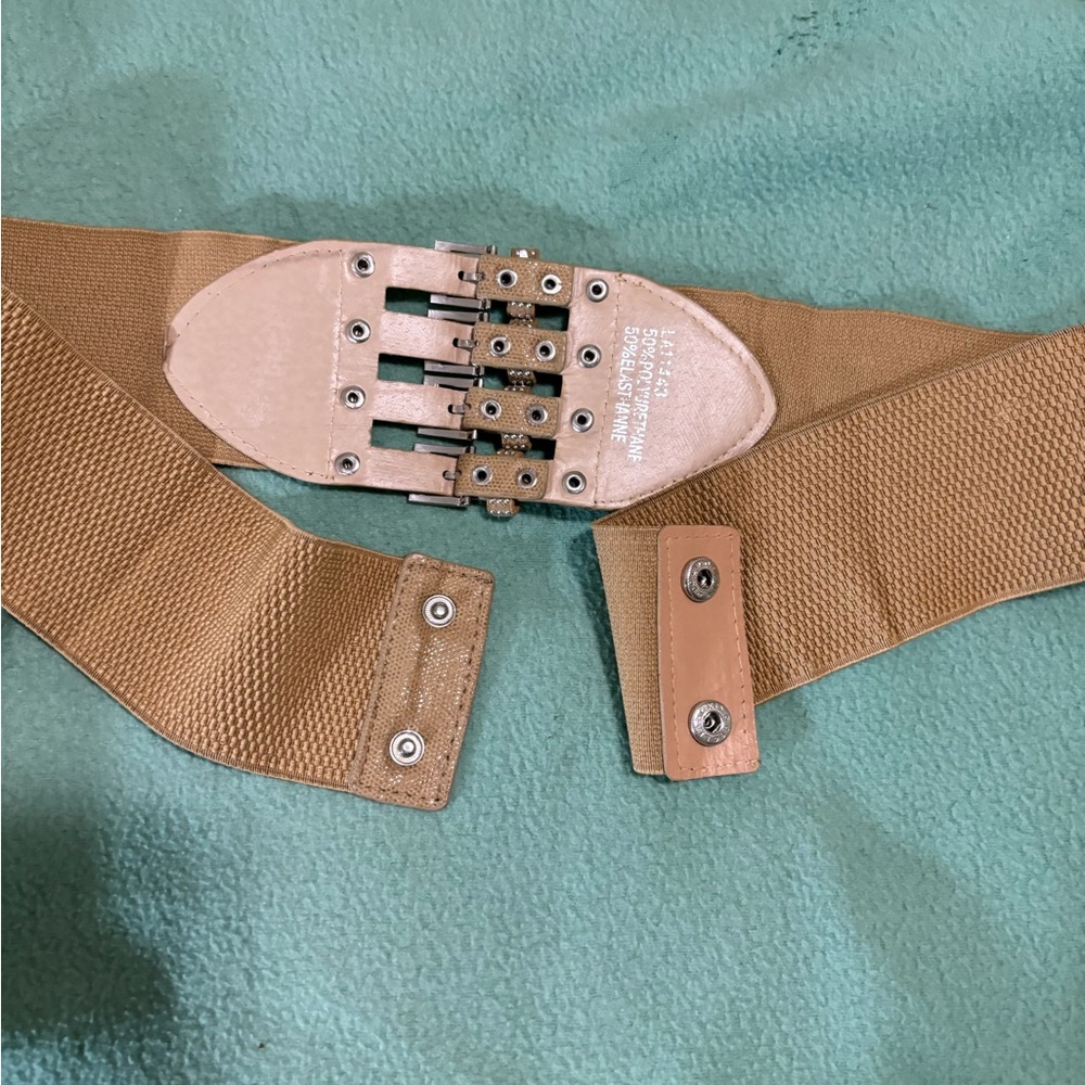 3" Wide Silver Buckle and Stud Belt With 2 Snap Closure at the Back Women's Tan - Picture 9 of 10